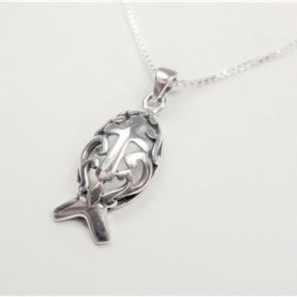STERLING SILVER NAUTICAL FISH WITH CROSS NECKLACE - Picture 4 of 6